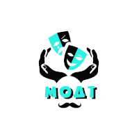 a moat logo with two masks and a mustache on a white background