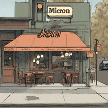 a drawing of a restaurant called micron with tables and chairs outside