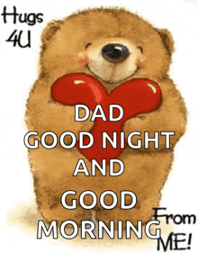 a teddy bear is holding a red heart with the words dad good night and good morning from me