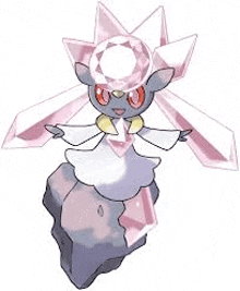 a pokemon with a pink diamond on its head is standing on a rock .