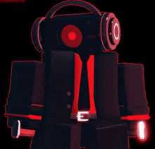 a robot wearing headphones has the letter e on it