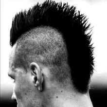 a black and white photo of a man 's head with a mohawk hairstyle .