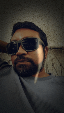 a man with a beard wearing sunglasses and a gray shirt