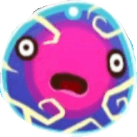 a pink and blue cartoon character with a surprised look on his face