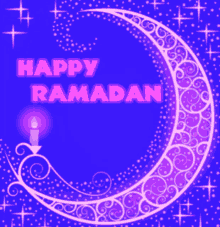 a blue background with a crescent moon and the words happy ramadan