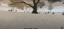 a screenshot of a video game shows a tree and a bunch of people