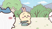 a cartoon drawing of a rabbit holding a box with a smiley face