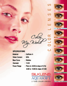 a poster for silklens aquasoft color lenses with a woman 's face on it