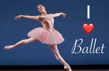 a ballerina in a pink tutu with the words i love ballet above her