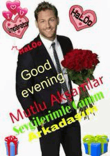 a man in a suit and tie is holding a bouquet of red roses and saying `` good evening '' .