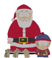 a cartoon of santa claus and stanley from south park standing next to stuffed animals