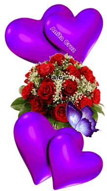 purple hearts and a bouquet of red roses with anita cruz written on them