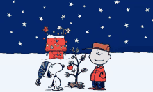 a cartoon of snoopy and charlie brown with a christmas tree