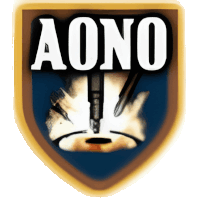 a blue and gold shield with the word aono in white letters