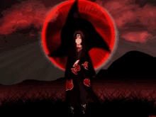 a man in a black cloak with red clouds on it is standing in front of a red circle