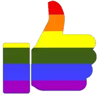 a rainbow colored thumbs up sign with a rainbow flag behind it