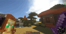 a screenshot of a minecraft game shows a purple item in front of a house