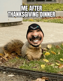 a picture of a squirrel with a man 's face and the words me after thanksgiving dinner