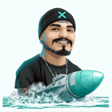 a man wearing a black beanie with an x on it is holding a rocket