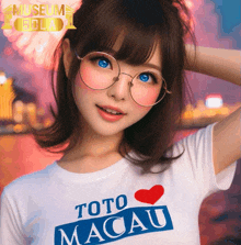 a woman wearing glasses and a toto macau t-shirt