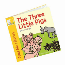 a book called the three little pigs by debbie pullinger is sitting on a table .