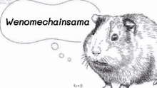 a black and white drawing of a guinea pig with a thought bubble above it that says wenomechainsama .