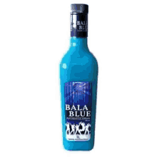 a bottle of bala blue liqueur with a blue label and a black cap on a white background .