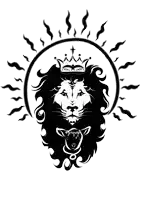 a black and white drawing of a lion with a crown on its head and a sheep .