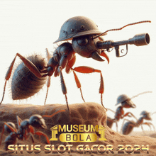 an ant wearing a helmet and holding a gun is on a poster for museum bola