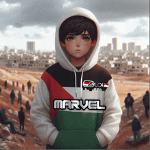 a boy wearing a marvel hoodie stands in front of a city