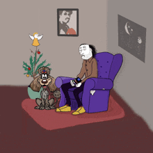 a cartoon of a man sitting in a purple chair with a dog