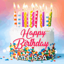 a birthday cake with candles and sprinkles with the name melissa on it