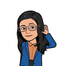 a cartoon of a woman wearing glasses and a blue jacket covering her ear