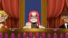 a pixel art drawing of a girl with pink hair giving a thumbs up