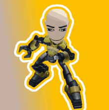 a cartoon drawing of a robot with a bald head on a yellow background