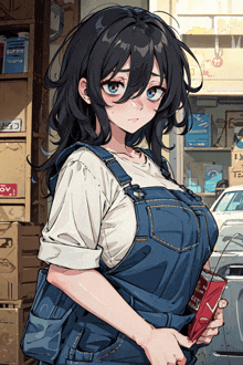 a girl in overalls is holding a book in front of a shelf that says super