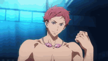 a shirtless anime character with red hair and pink goggles