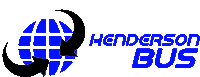 a blue and white logo for henderson bus with a globe and an arrow