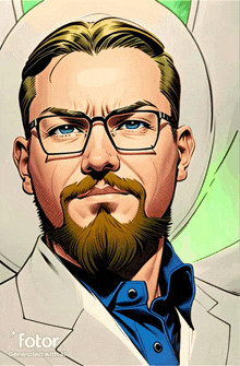 a cartoon drawing of a man with glasses and a beard is generated with fotor