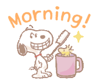 a cartoon of snoopy holding a toothbrush next to a pink mug that says morning