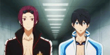 two anime characters standing next to each other in a hallway .