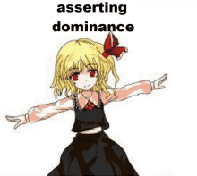 a girl with blonde hair and red eyes is standing with her arms outstretched and a red bow in her hair .