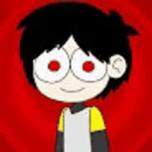 a cartoon boy with glasses and red eyes is smiling .