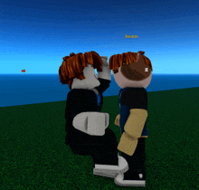 two roblox characters looking at the ocean with the name beans on the bottom right