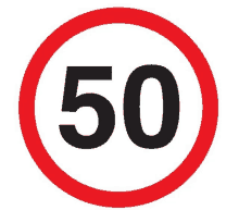 a red and white circle with the number 50 inside of it