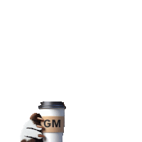 a cup of coffee with the letters gm written on it