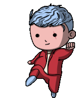 a cartoon character with blue hair and a red jacket