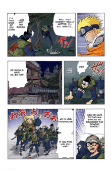 a page from a naruto manga shows a group of ninjas standing around a tree