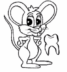 a cartoon mouse is holding a tooth in its paws .