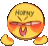 a yellow smiley face wearing sunglasses and saying horny .